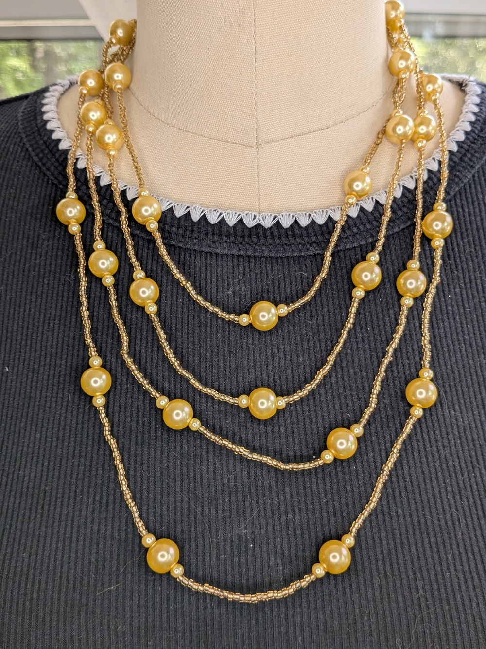 Vintage 80 In Golden Yellow Glass Pearl Seed Bead Flapper Rope Necklace Strand